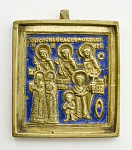 Икона Святые 5х5,5 см, медная пластика, середина 19-го века, синяя эмаль