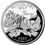 Монета 25 центов Квотер США 2002 г. Миссисипи, Два цветка магнолии