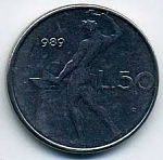 Монета 50 лир, 1989 г, Италия