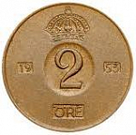 Монета 2 эре 1953 г. Швеция