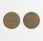 Монета Николая II 1 пенни (pennia) 1909 г Русская Финляндия  (12)