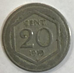Монета 20 чентезимо 1919 г,  Италия