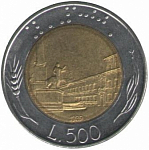 Монета 500 лир, 1989 год, Италия
