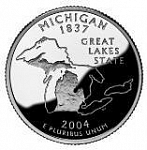Монета 25 центов  Квотер США 2004 г. Мичиган, Контуры штата и системы Великих озёр