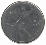 Монета 50 лир, 1981 год, Италия