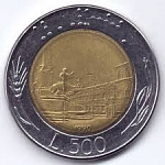 Монета 500 лир, 1990 год, Италия
