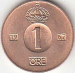 Монета 1 эре 1967 г. Швеция