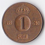Монета 1 эре 1963 г. Швеция