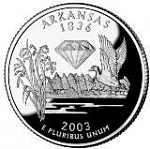 Монета 25 центов Квотер США 2003 г. Арканзас, Стебли риса, бриллиант, дикая утка