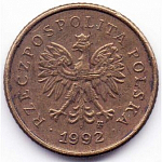 Монета 1 грош 1992 г.Польша