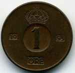 Монета 1 эре 1953 г. Швеция