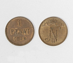 Монета Николая II 1 пенни (pennia) 1916 г Русская Финляндия  (10)