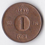 Монета 1 эре 1957 г. Швеция