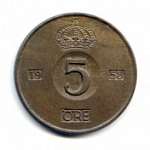 Монета "5 эре" 1958 г. Швеция