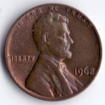 Монета 1 цент 1968г США 