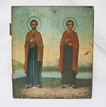 Икона Флор и Лавр, конец 19 века, дерево, живопись, размер 35х31 см (17)
