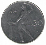 Монета 50 лир, 1972 год, Италия